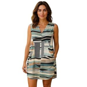 Pink Stitch Crepe Midi Shirt Dress White Blue Sleeveless V Neck Front Pocket 8